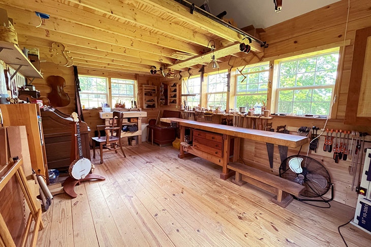 Workshop inside a shed.