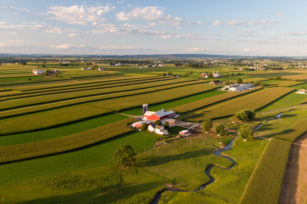 Traditional American farm, Pennsylvania countryside from the air
